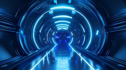 Wall Mural - Stunning realistic photo of a futuristic tunnel lit by neon blue lights for elegant banner design