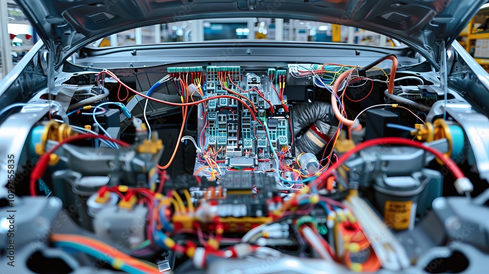 Realistic image of a passenger car s wiring harness illustrating modern