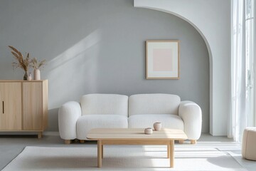 A modern Scandinavian interior in the living room with minimalist, arched walls and wood cabinets and sofas. Generative AI
