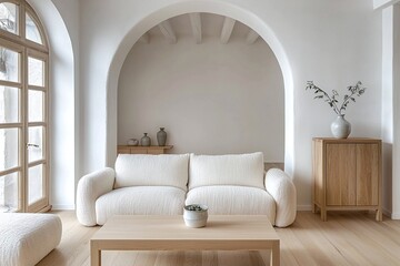 A modern Scandinavian interior in the living room with minimalist, arched walls and wood cabinets and sofas. Generative AI
