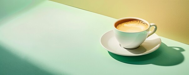 A cup of coffee on a green and yellow background with copy space.