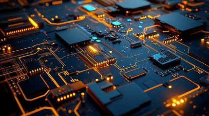 Leinwandbilder - A background with illuminated fiber optic connections, a blue circuit board with digital technology, a quantum computing network system, and global intelligence technology.