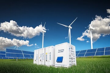 Renewable energy scene with wind turbines, solar panels, and storage units under a blue sky with clouds, symbolizing a clean energy future.