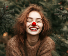 Girl in the forest smiling against the background of Christmas trees with a red soft ball on her nose, portrait