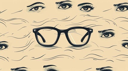 Poster - A pair of eyeglasses stands out against a unique background filled with various stylized eyes, showcasing artistic creativity and fashion. Generative AI