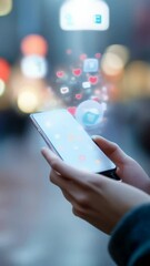 Woman is using a smartphone with social media notification icons floating from the screen. The background is an urban setting