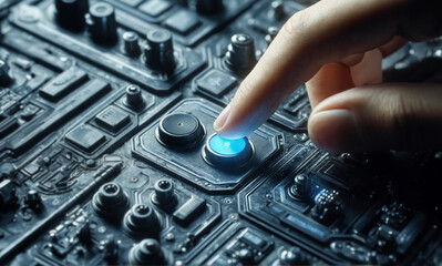 hand pushing a button activating a control on a computer board, photo realistic illustration