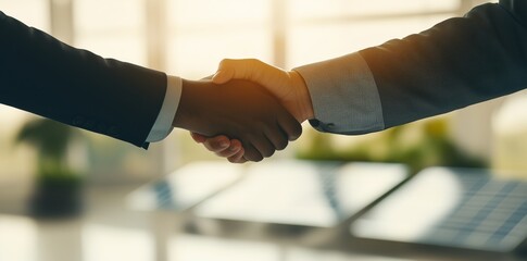 Two people in suits shaking hands against a sunlit background symbolizes a successful business agreement and partnership. Business concept