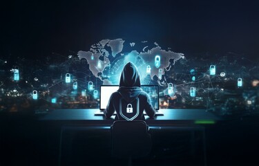 Poster - A hooded figure sits at a desk, working on a laptop. A glowing world map with lock symbols is behind them.
