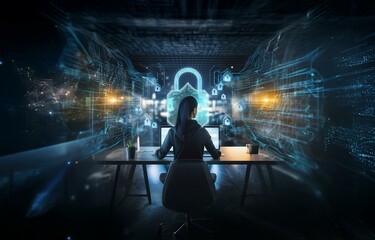 a person sits in a dark room, facing two laptops while a glowing blue padlock and abstract lines flo