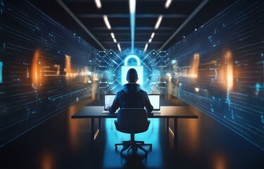 Aufkleber - A hooded figure sits in a dark room, working on a laptop. A glowing blue padlock icon hovers above their head.