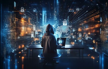 Fototapete - A hooded figure sits at a desk with a laptop, against a background of glowing lines and a digital world map with lock symbols.