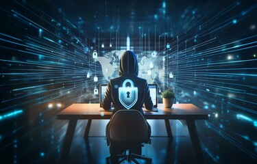 Fototapete - A hooded figure sits in front of a computer, with a glowing lock symbol and a world map behind them.