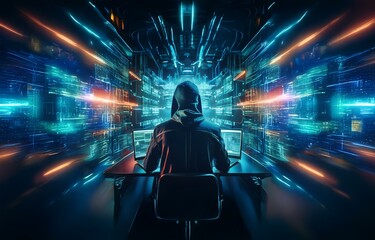 Poster - A hooded figure sits at a desk in front of two laptops, surrounded by blue and orange digital streams.