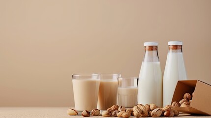 A collection of three glasses and two bottles of plant-based milk, along with scattered nuts like almonds, hazelnuts, and cashews, against a beige background.