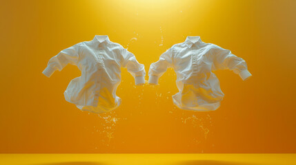 Two white shirts are floating in the air, one on the left and one on the right. The shirts are made of paper and appear to be in a state of disarray, with one shirt sleeves and collar missing.