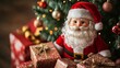 © Intach - A close-up of a Santa Claus doll placed beside gifts under a festive Christmas tree on New Years Day 2025.