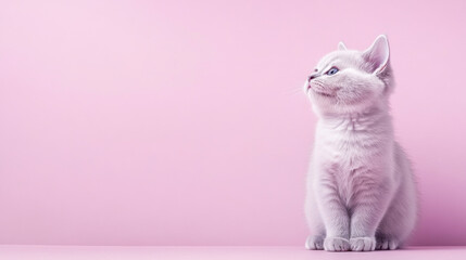 A fluffy white kitten sits gracefully against soft pink background, exuding sense of calm and curiosity. Its bright blue eyes gaze thoughtfully into distance, creating an adorable and serene atmospher