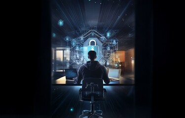 Aufkleber - A person sits in a chair at a desk, facing a laptop with a glowing blue padlock icon and futuristic lines, seen through a dark doorway.