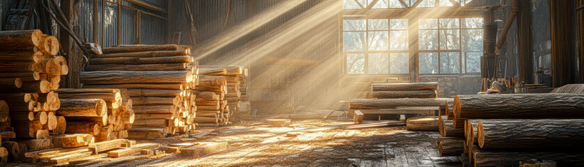 Canvas Print - A wood shop with a lot of wood stacked up