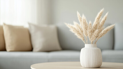 A minimalist interior featuring stylish vase with dried pampas grass, set against soft, neutral toned sofa. serene atmosphere evokes sense of calm and elegance