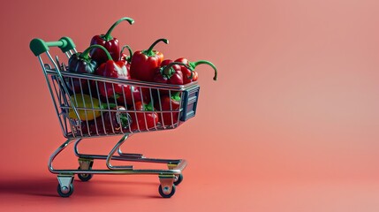 A miniature shopping cart filled with red, orange, and yellow peppers against a red background.