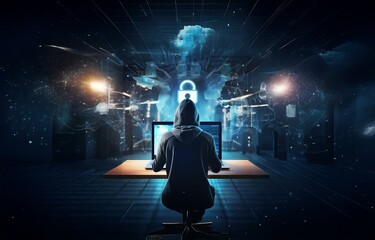 Aufkleber - A hooded figure sits in front of two laptops in a dark, futuristic environment.