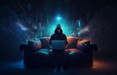 Fototapete - A hooded figure sits on a couch in a dark room, illuminated by blue and orange light, using a laptop.