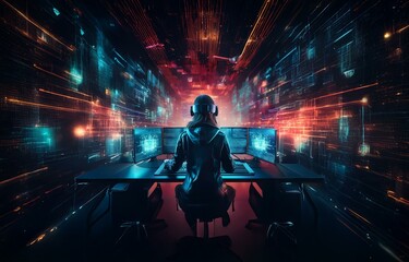 Aufkleber - A person sits in front of multiple computer monitors in a dark room with neon lighting.