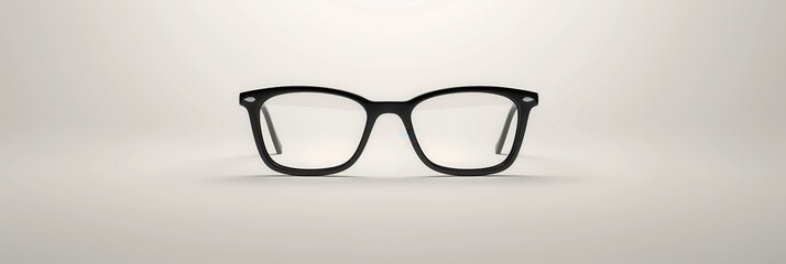Poster - A pair of black eyeglasses rests evenly on a neutral background, highlighting the clear lenses ideal for reading or working indoors. Generative AI
