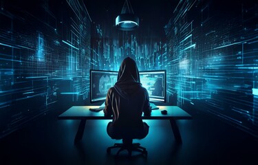 Aufkleber - A hooded figure sits in front of two computer monitors displaying blue digital code in a dark room.