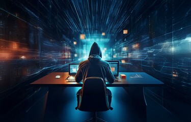 Fototapete - A hooded figure sits at a computer desk in a dark room illuminated by a blue glow.