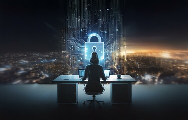 Aufkleber - A hooded figure sits at a desk, facing a glowing padlock in the background, while a city skyline blurs behind them.