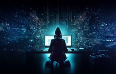 Fototapete - A hooded figure sits at a desk in front of a computer screen.  The background is filled with glowing lines of digital code.