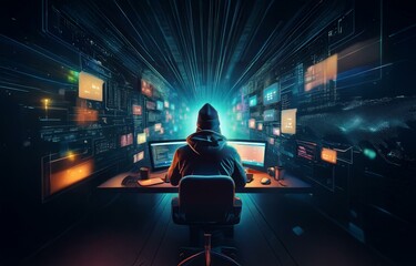 Aufkleber - A hooded figure sits at a desk in front of a computer screen, with a glowing blue light emanating from the screen, surrounded by digital data.