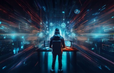 Fototapete - A hooded figure sits in front of two computer monitors surrounded by glowing blue and orange digital lines in a dark room.