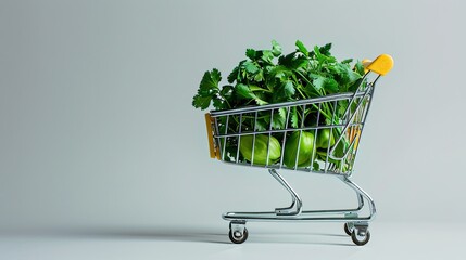 A small shopping cart filled with fresh green limes and cilantro on a white background.