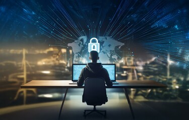 Fototapete - A person in a dark hooded sweatshirt sits at a desk in front of two laptops with a glowing padlock and a globe in the background.