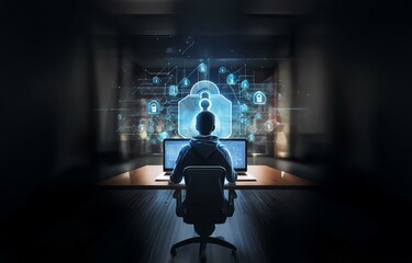 Aufkleber - A person sits at a desk with two laptops in front of them. A glowing blue padlock and circuit board pattern hover above them.