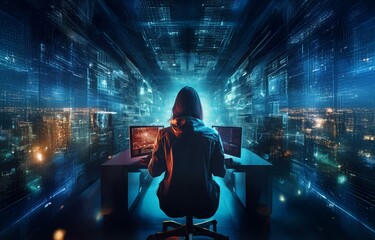 Poster - A hooded figure sits at a computer desk, facing away from the camera, surrounded by a glowing blue and white digital cityscape.