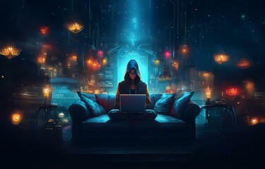 Aufkleber - A hooded figure sits on a couch in a dimly lit room with glowing orbs hanging from the ceiling.