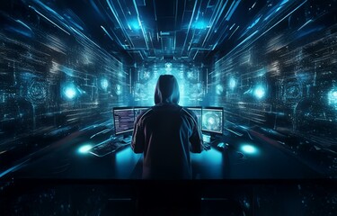 Fototapete - A hooded figure sits in front of multiple computer screens, surrounded by blue digital light, working in a dimly lit room.