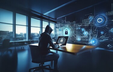 Poster - A hooded figure sits in an office at a desk with a laptop and types. The computer screen displays a glowing image of a lock and circuit board.