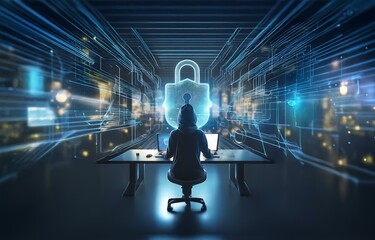 Fototapete - A hooded figure sits at a desk in front of a laptop, a glowing blue padlock in the background.