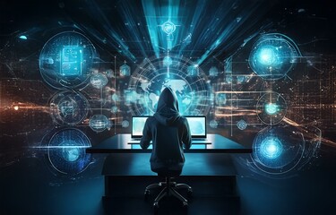 Fototapete - A hooded figure sits in front of two laptops, looking at a glowing blue digital globe.