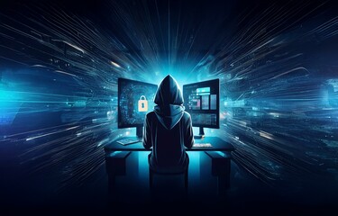 Fototapete - A hooded figure sits before two computer monitors, one displaying a padlock in a swirling digital pattern.