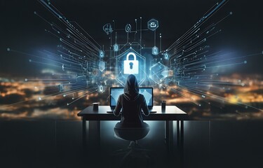 Fototapete - A hooded figure sits at a desk with a laptop and a glowing padlock icon behind them.  A network of glowing lines connect various icons.