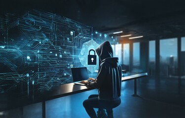 Fototapete - A hooded figure sits at a desk, typing on a laptop with a large glowing padlock behind them.