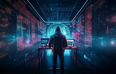 Fototapete - A hooded figure stands in front of two computer monitors in a dimly lit room, surrounded by a digital world of code and data.