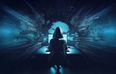 Fototapete - A hooded figure sits in front of a computer in a dark room, illuminated by a screen displaying blue digital code.